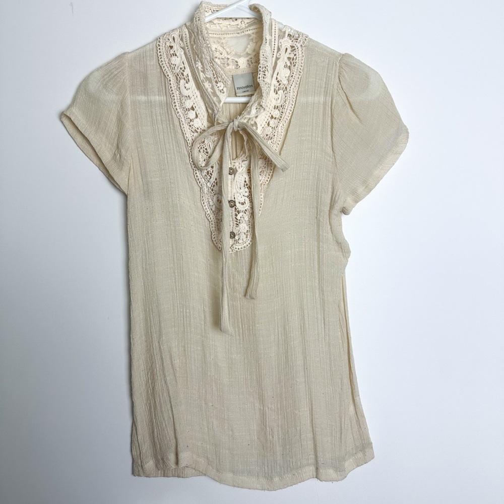 Cream Lace-Trimmed Women's Top with Bow Tie